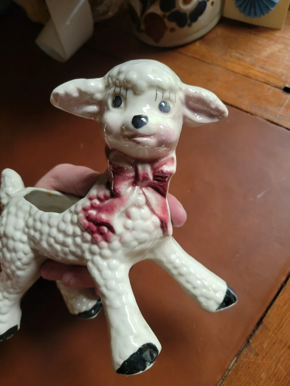 Vintage Kitsch 1950's White Lamb Planter with Pink Bow 🎀